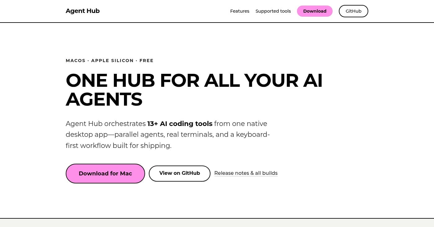 Agent Hub orchestrating 13+ AI coding tools