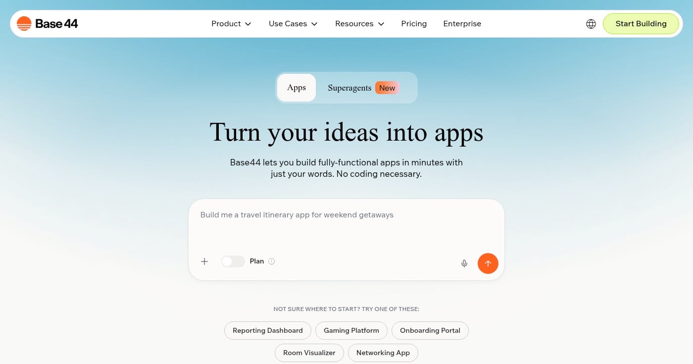 Base44 AI app builder homepage