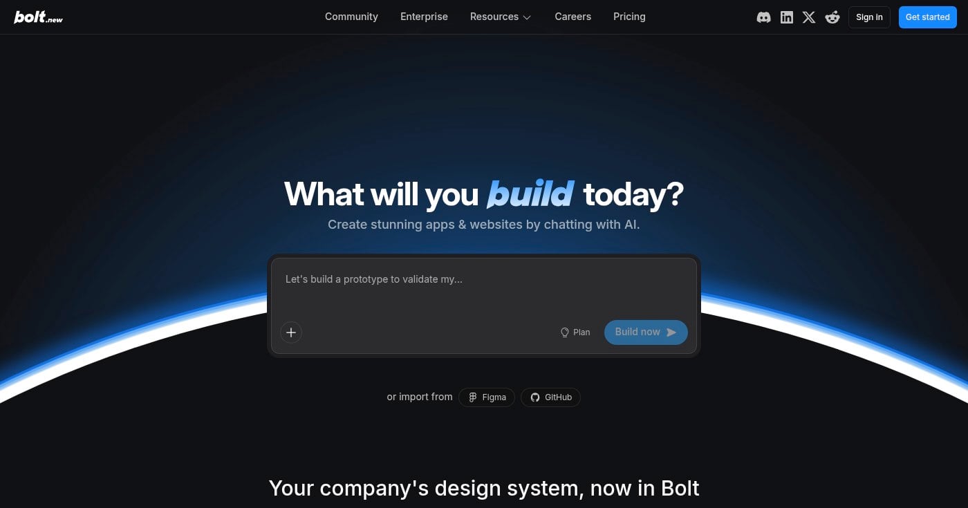 Bolt AI app builder homepage