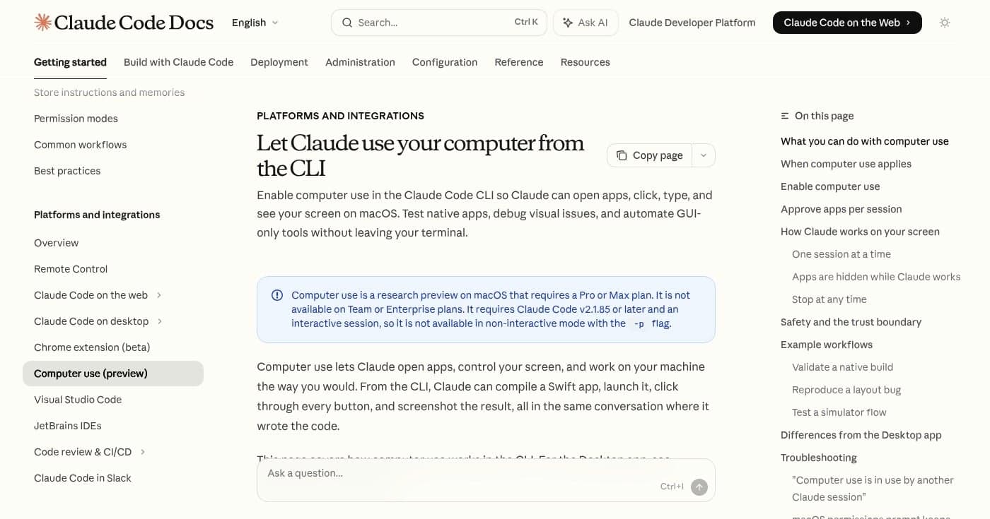 Claude Code computer use documentation page