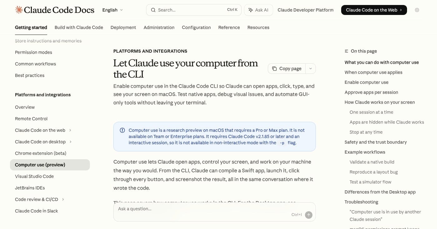 Claude Code computer use documentation page