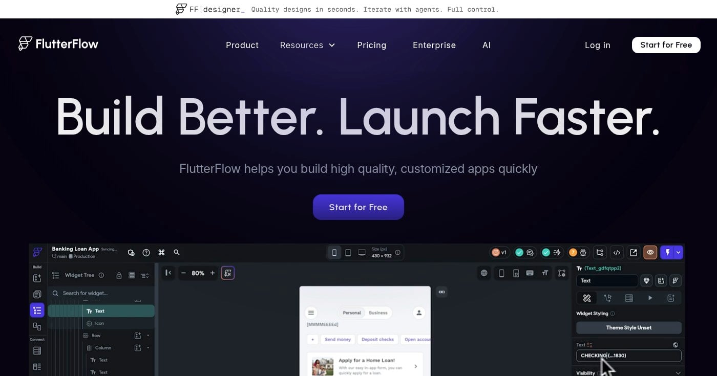FlutterFlow mobile app builder homepage