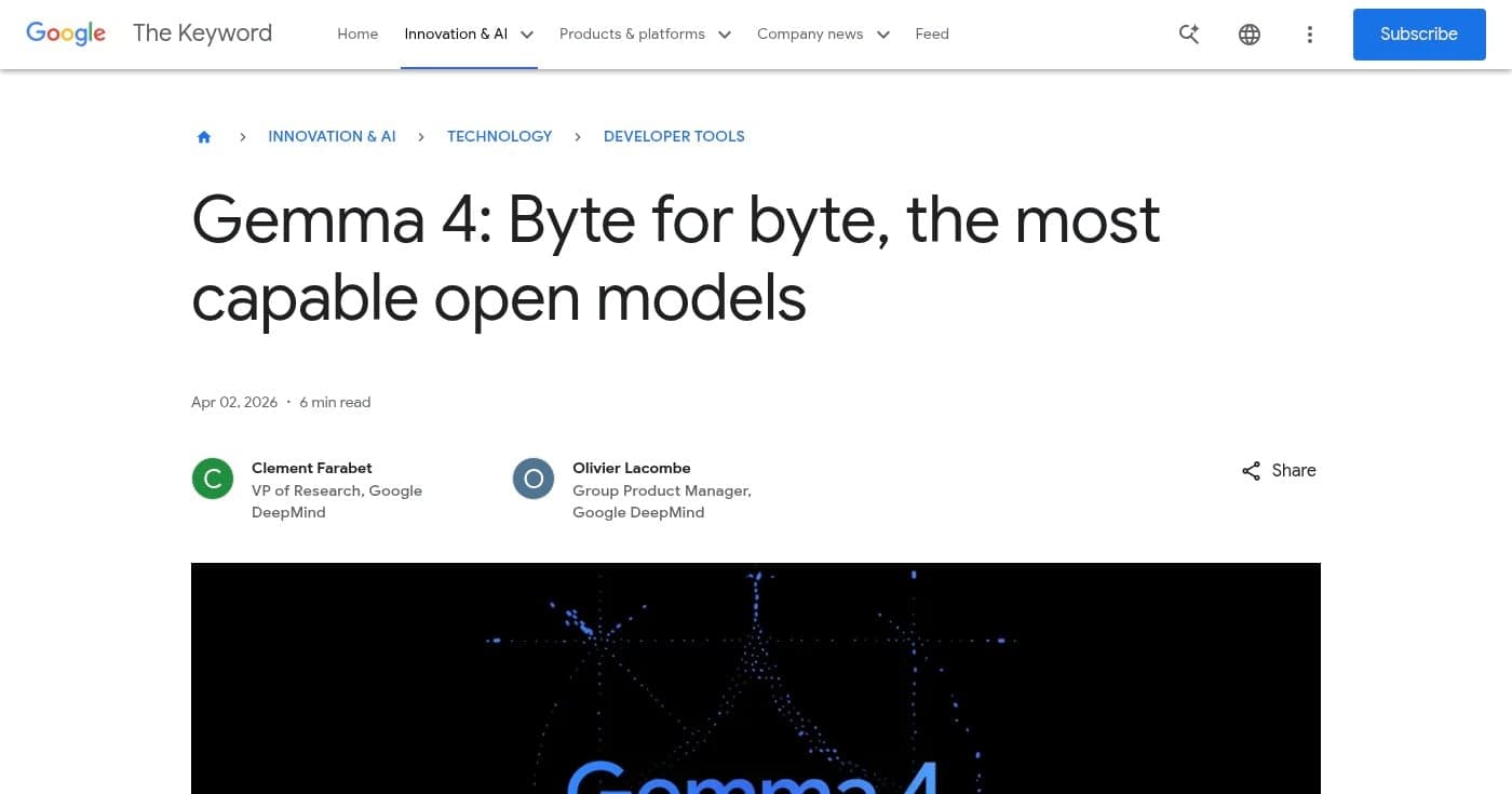 Gemma 4 launch announcement on Google blog