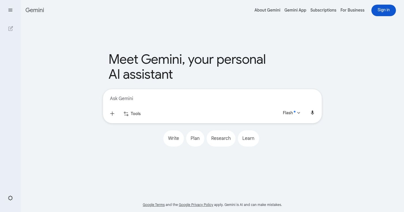 Google Gemini homepage