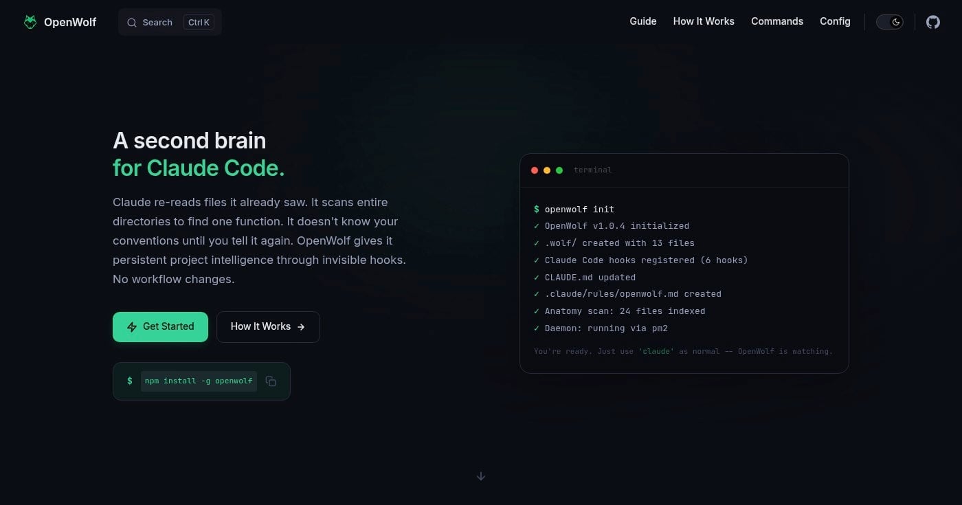 OpenWolf homepage — a second brain for Claude Code