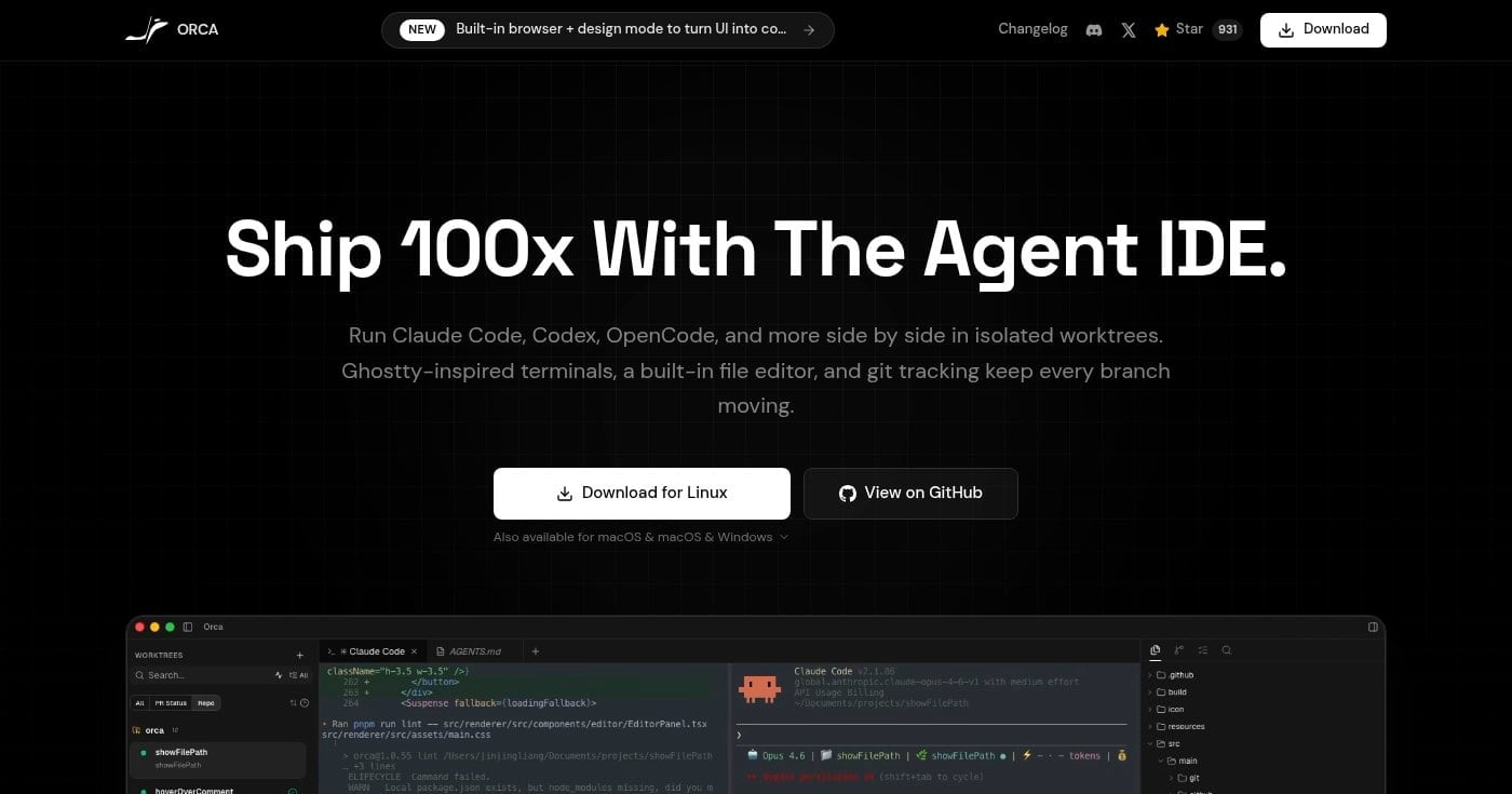 Orca worktree IDE with multiple agent terminals