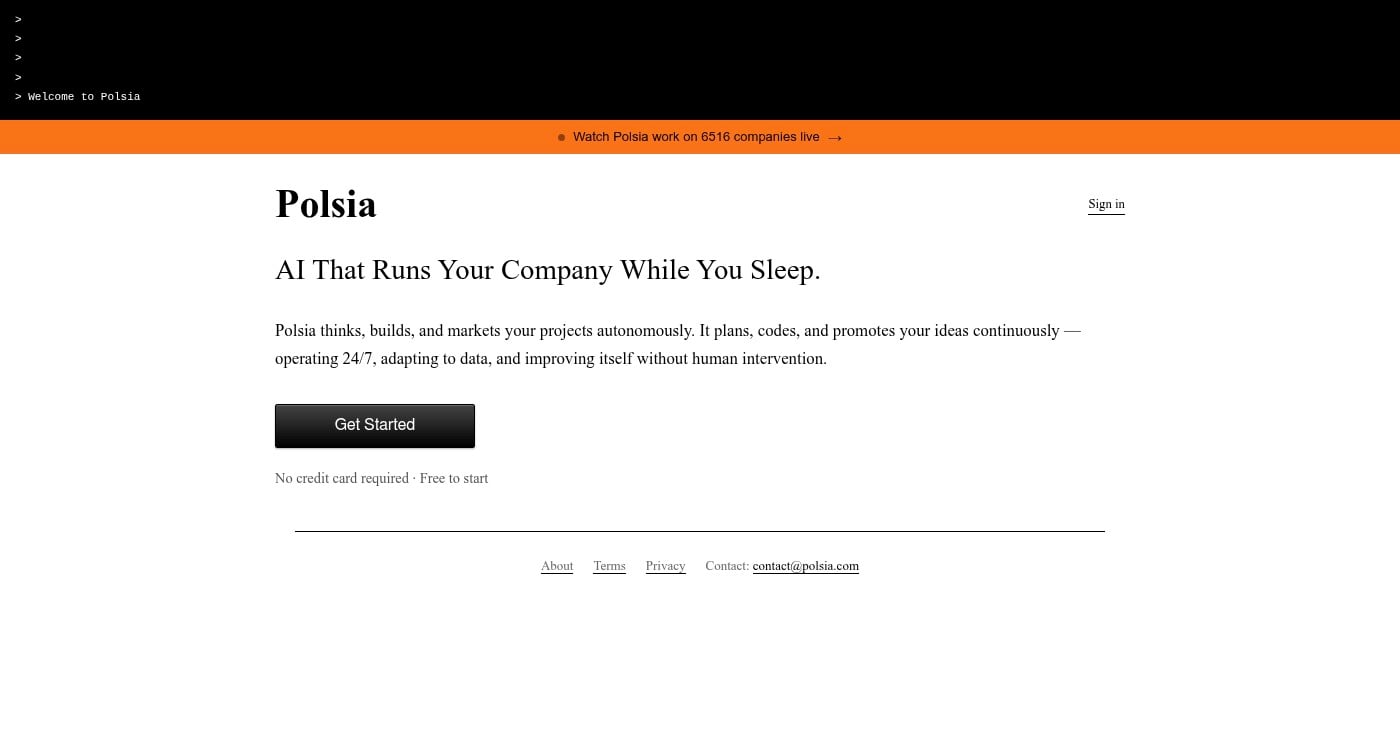 Polsia AI company dashboard showing live stats