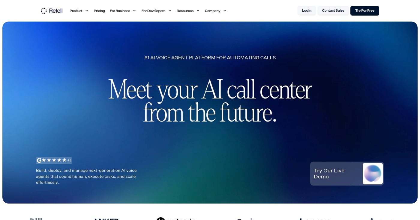 Retell AI homepage