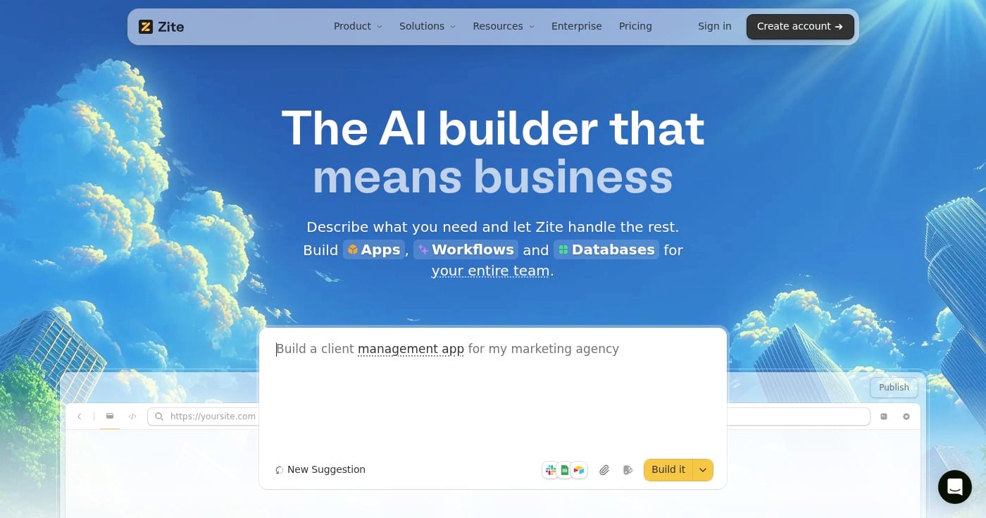 Zite no-code app builder homepage