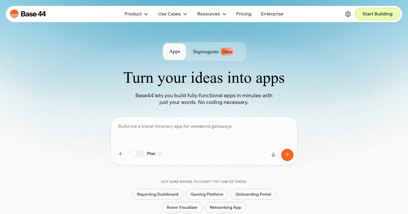 Base44 AI app builder homepage
