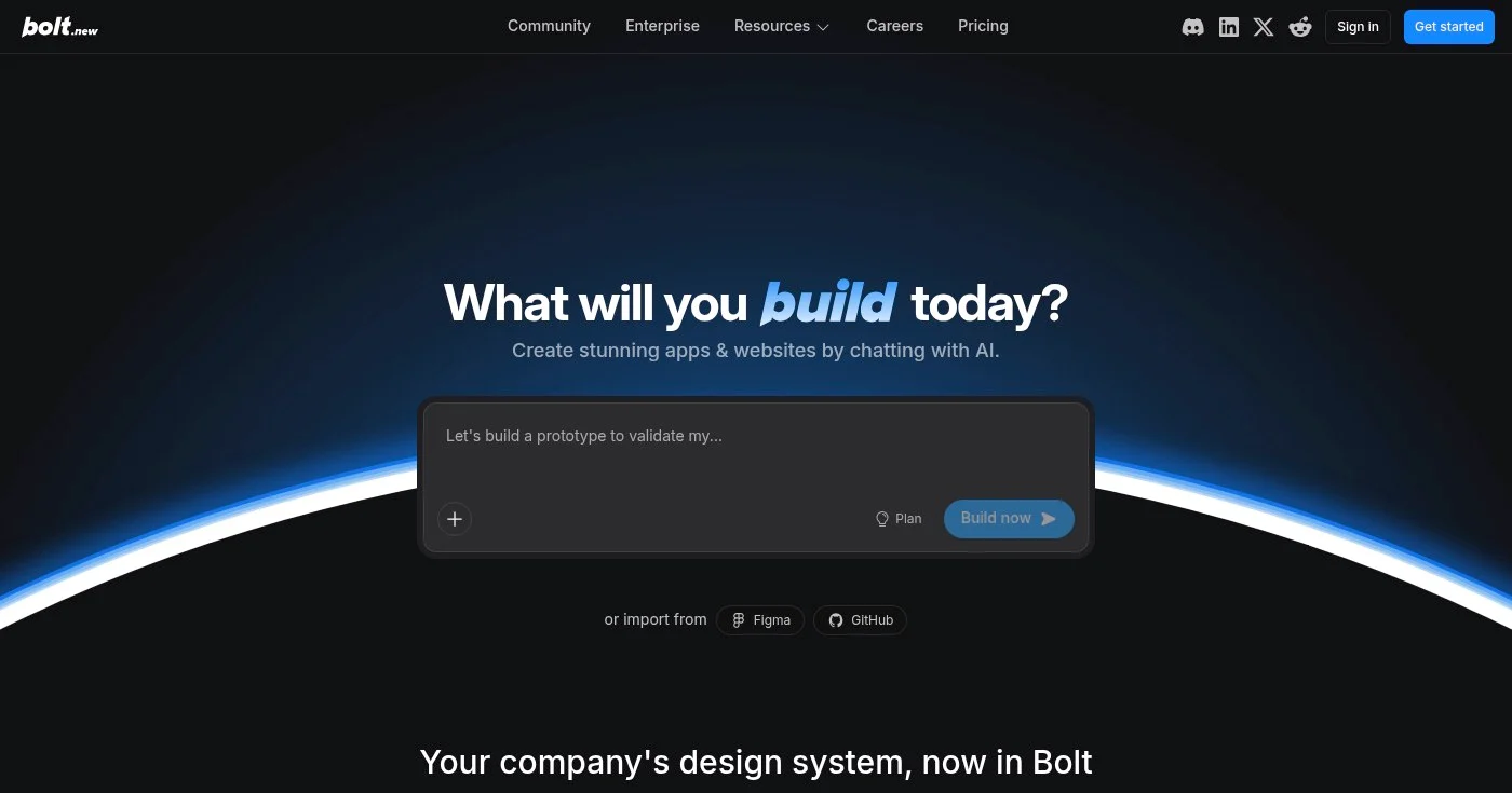 Bolt AI app builder homepage