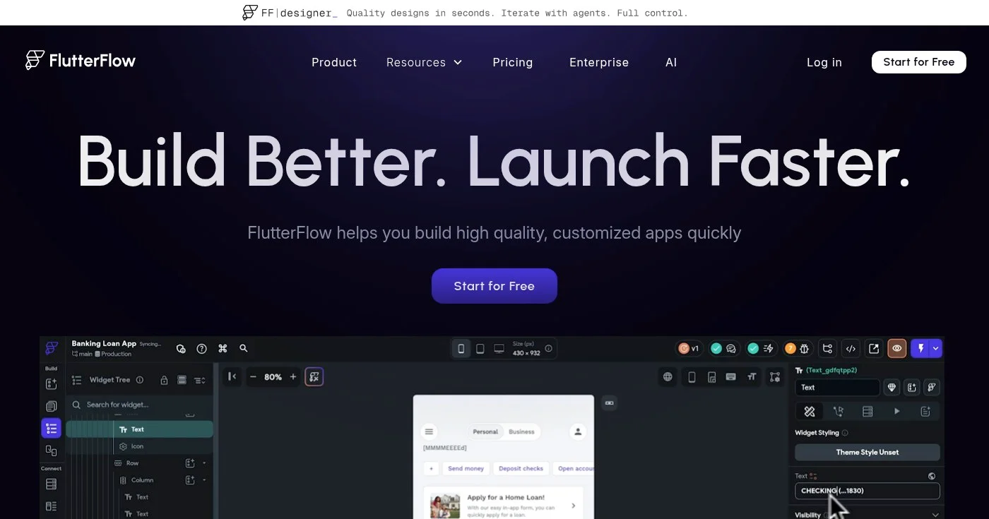 FlutterFlow mobile app builder homepage