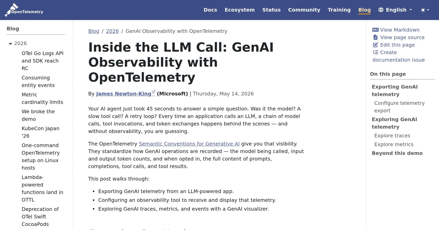 OpenTelemetry GenAI observability documentation