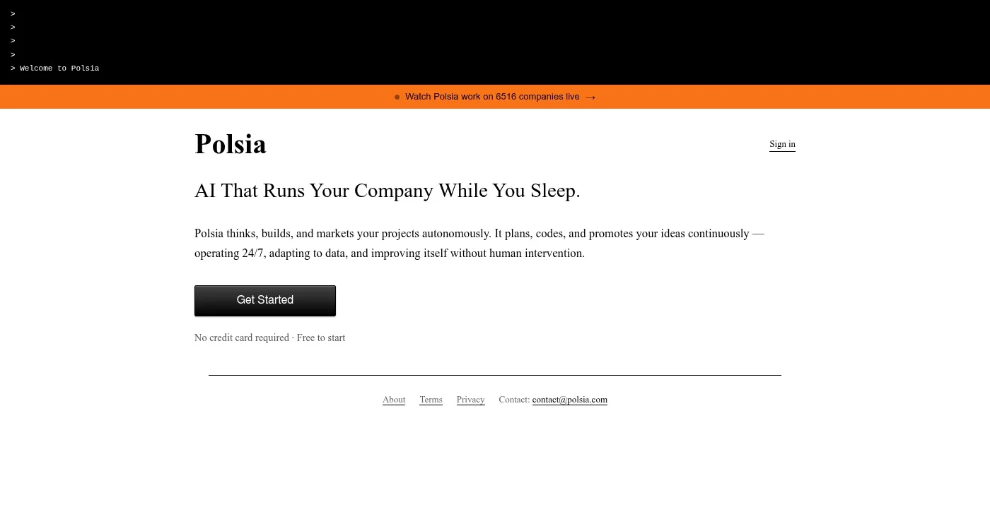 Polsia AI company dashboard showing live stats