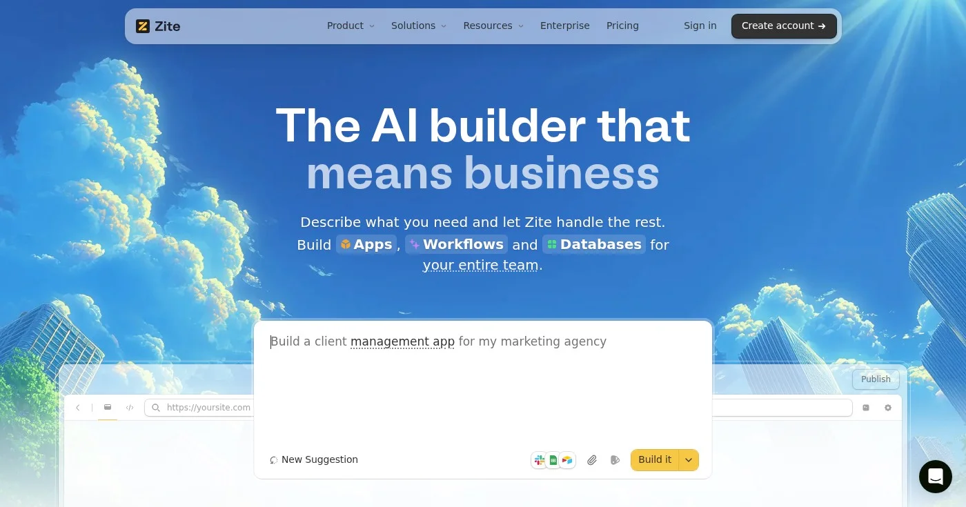 Zite no-code app builder homepage